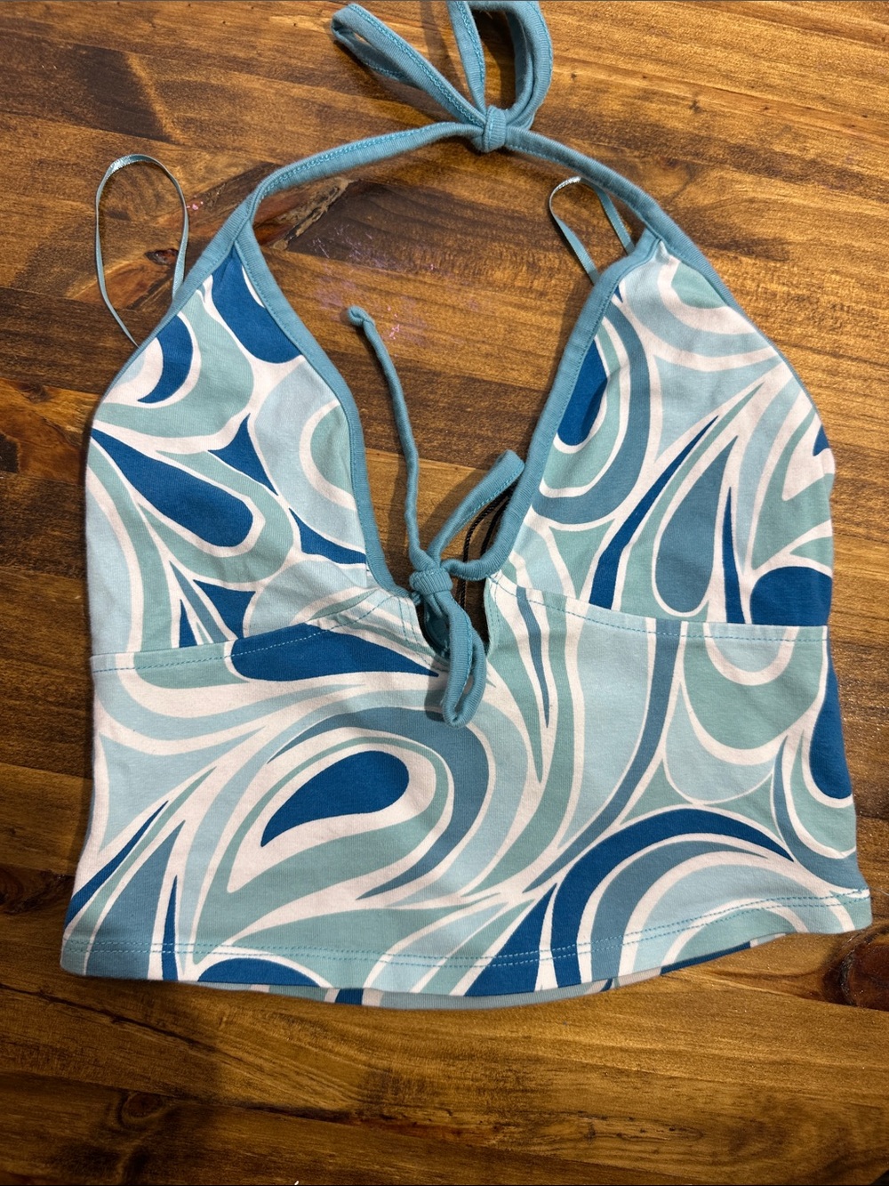 Garage Teal, Aqua & Navy Swirl Halter Tie Crop Tank